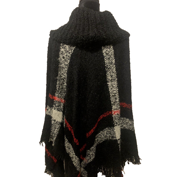 Woven Heart Turtleneck Poncho Sz S/M Batwing Fringe Boho Ethnic Cape Wrap Shawl - Picture 2 of 9